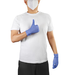 Man showing thumb up with blue gloves isolated on white