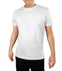 Front view of  white t-shirt on a young man isolated on white background