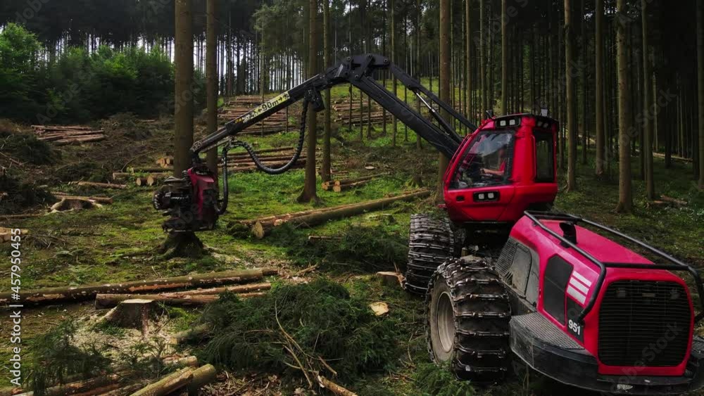 Poster logging equipment forestry industry machine close up. mechanic tool for gripping trunks and cut to l