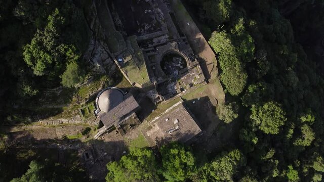 Birdseye view of the Aztec pyramid in Malinalco Mexico The remains of the ancient civilization. The house of the Eagles a retreat for the elite aztec warriors during the grand days of the Aztec empire