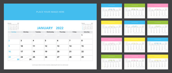 2022 calendar planner set for template corporate design week start on Sunday. - obrazy, fototapety, plakaty