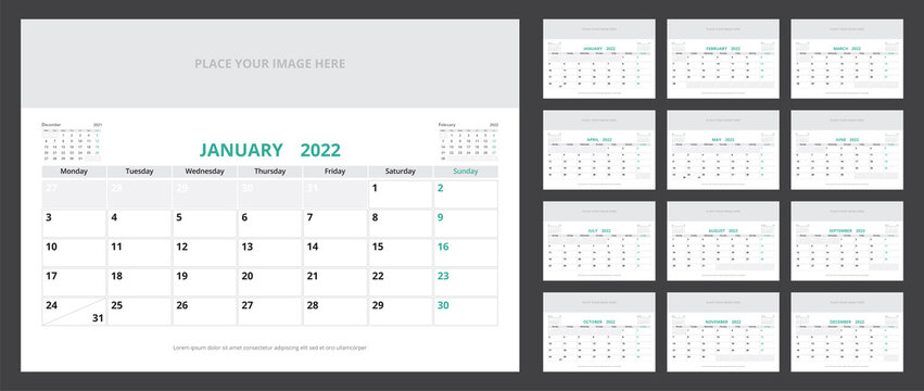 2022 calendar planner set for template corporate design week start on Monday.