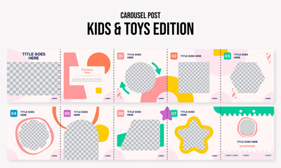 Set of editable social media instagram carousel post kids, baby & toys with playful design vector template ai & eps 10