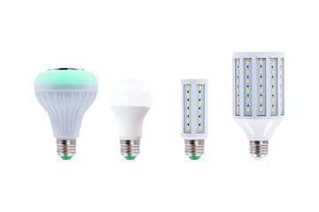 Group of LED energy-saving lamp, screw cap E27 230v isolated on white background.