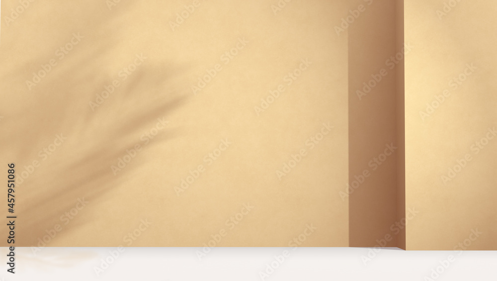 Poster empty studio with beige color wall and palm leafs shadow. background design for product display and 