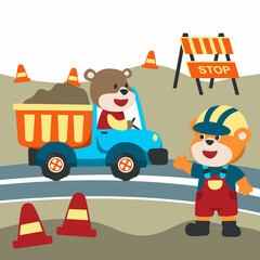 Vector illustration of contruction vehicle with cute litle animal driver. Can be used for t-shirt print, kids wear fashion design, invitation card. fabric, textile, nursery wallpaper and poster.