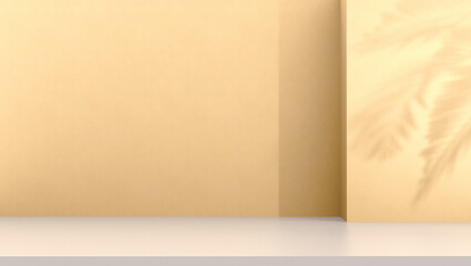 Abstract beige background for product presentation. Shadow of palm leafs on wall. 3d render. Clipping path of each element included.