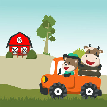 Farm animals ride on the truck in the yard, Can be used for t-shirt print, kids wear fashion design, invitation card. fabric, textile, nursery wallpaper and poster.