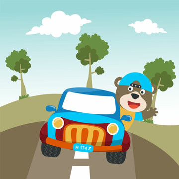 vector illustration of cute  bear on a road trip car, Can be used for t-shirt print, kids wear, invitation card. fabric, textile, nursery wallpaper, poster and other decoration.