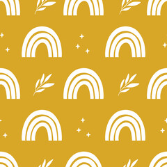 Magic seamless pattern with modern rainbows, stars. Hand drawn boho nursery rainbow illustration on yellow background. Print for card, textile, kids and baby clothes, digital paper wrapping, wallpaper