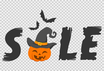Happy halloween with sale text, happy pumpkin face wear witch hat , bats flying, isolated on png or transparent background, template for poster, brochure, advertising, promotion,sale marketing vector