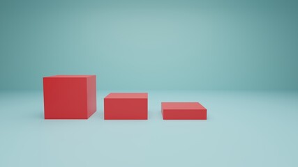 3d render of a red cube podium with a light blue background. Red stands with green background.