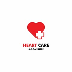 Heart care logo design on isolated background, heart icon with plus health logo design icon template