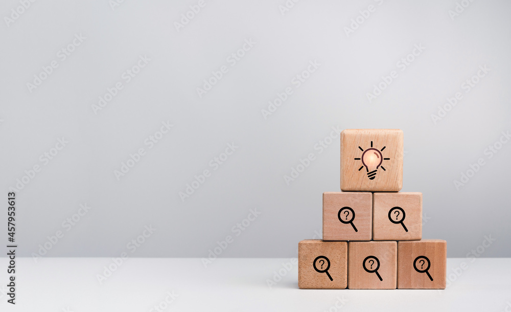 Poster creative idea and problem solving concept. light bulb icon sign on top of problem symbol, searching 