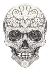 Art vintage mix surreal skull tattoo. Hand drawing on paper.
