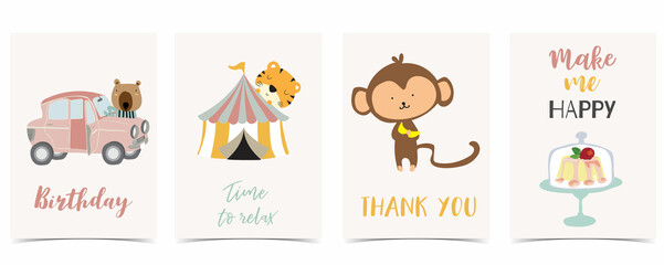 Collection of kid postcard set with car,monkey, cake.Editable vector illustration for website, invitation,postcard and sticker © piixypeach
