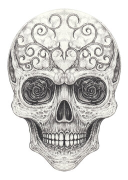 Art vintage mix surreal skull tattoo. Hand drawing on paper.
