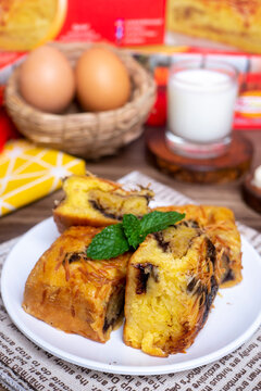 Pineapple bread, the typical food of the city of Tegal, Indonesia, decorated with eggs and milk, and filled with banana