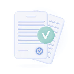 Fototapeta premium 3d documents icon. Paper form of the document with the result of the check. Checkmarking the correct information. Stack of paper sheets. Confirmed, approved business content. 3d vector illustration
