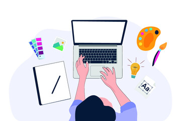 Designer working on laptop fully editable vector illustration
