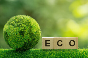 Words ECO on a woodblock on green sunny background. Saving environment, save clean planet, ecology...