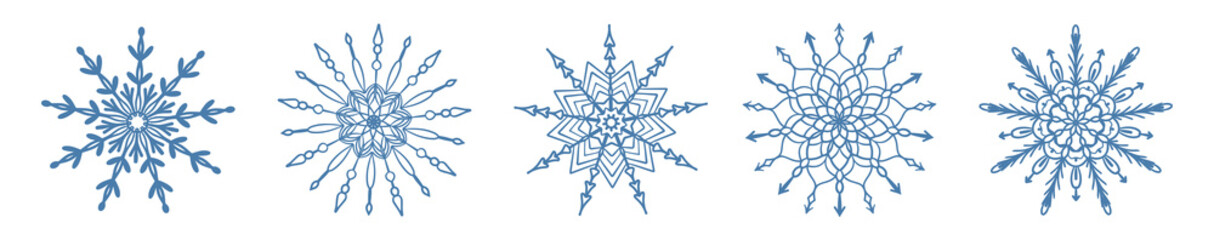 Set of hand drawn blue snowflake icon isolated on white background. Winter design element snow flake frost crystal vector illustration collection.