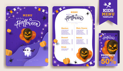 Halloween kids menu template design with Cute cartoon halloween characters