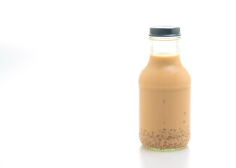 milk tea with pudding jelly in glass bottle
