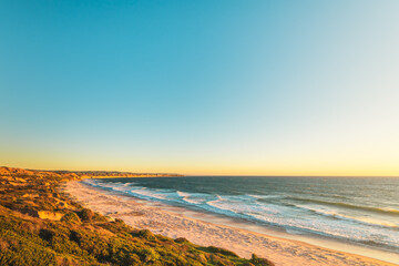Maslin Beach coastline at sunset during winter season viewed from the Blanche Point lookout, South Australia