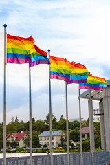 View of the Pride Flags waving in the air their colorful colores in the Iceland