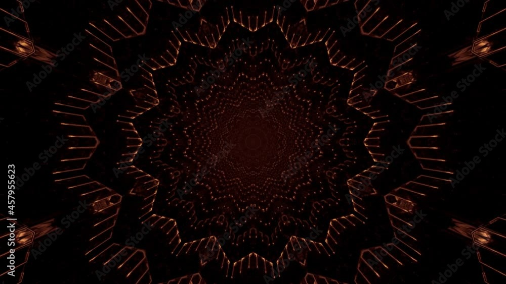 Poster dark vj tunnel with big star shapes forming the tunnel. soft organe light in string forms at the sta
