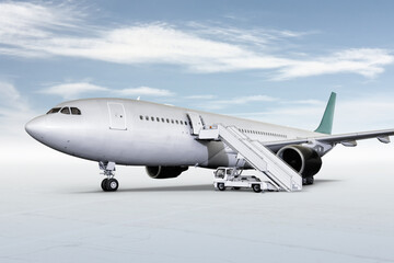 Wide body passenger airliner with a boarding stairs at the airport apron isolated on bright background with sky