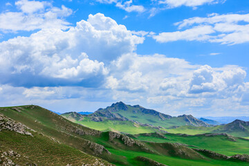 Fototapeta premium Green grassland and mountain natural landscape in Xinjiang,China.Beautiful prairie scenery.