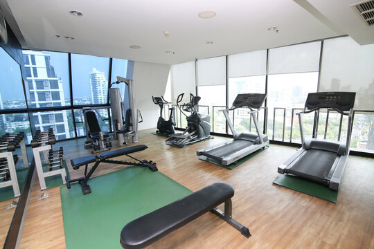 Modern gym interior with equipment. fitness center interior