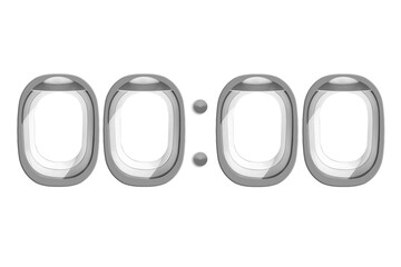 Metaphor of image windows cabin of airplane as digital clock on a white background showing time...