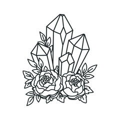 Crystals among blooming flowers. Vector illustration. Perfectly look on t-shirt, poster, cards, apparel design