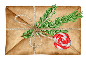 Christmas letter. Watercolor craft envelope with spruce branch, lolipop retro illustration. Isolated clipart element on white background