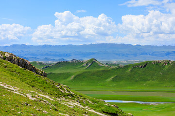 Fototapeta na wymiar Green grassland and mountain natural landscape in Xinjiang,China.Beautiful prairie scenery.