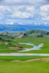 Bayinbuluke grassland natural scenery in Xinjiang,China.Beautiful grassland and mountain landscape.