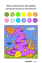 Visual puzzle with picture palette. Halloween witch hat. 
