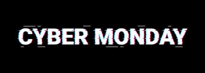 Cyber monday promo banner with lines on glitch screen. Cyberpunk, web, darkwave