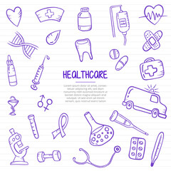 healthcare industry doodle hand drawn with outline style on paper books line