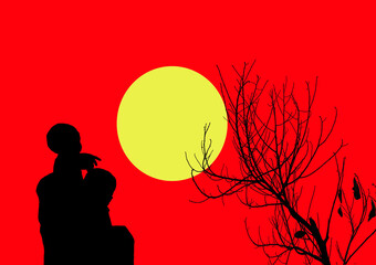 a son rode on his father neck  for cath the sun  with beautiful landcape of single dead tree silhouette background. .Red orange light on sunset sky over the trees,
