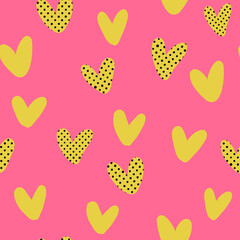 Valentine's day Pop Art seamless pattern. Various hearts with artistic hand-drawn brushstrokes texture