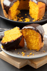 Pieces of delicious carrot cake covered with chocolate.