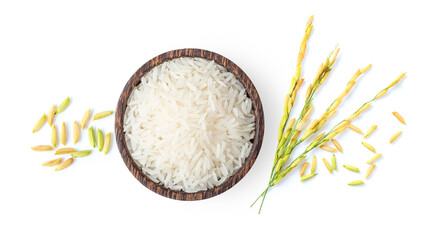 Top view of white rice and paddy rice in wooden bowl with rice ear isolated on white