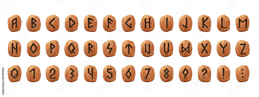 Poster rune alphabet on wooden tablets with engraved letters, numbers and additional symbols. vector cartoo