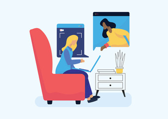 young woman sitting on sofa with laptop. online video call conference with friends or colleagues. vector illustration for training, webinar, education. Work from home concept flat design