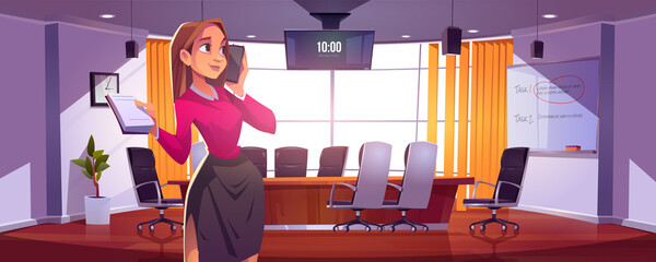 Businesswoman in conference room for meetings, presentation for team or discussion. Vector cartoon illustration of girl manager or secretary with notebook and phone in of boardroom in company office