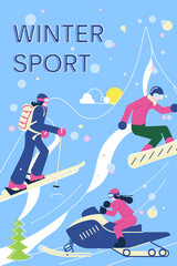 Winter Sport banner with skiiers, snowborders and snowsport fun.